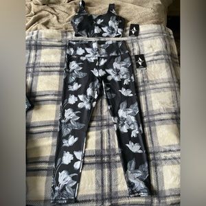 Black Floral High-Waist Active Leggings & Crop Top Set